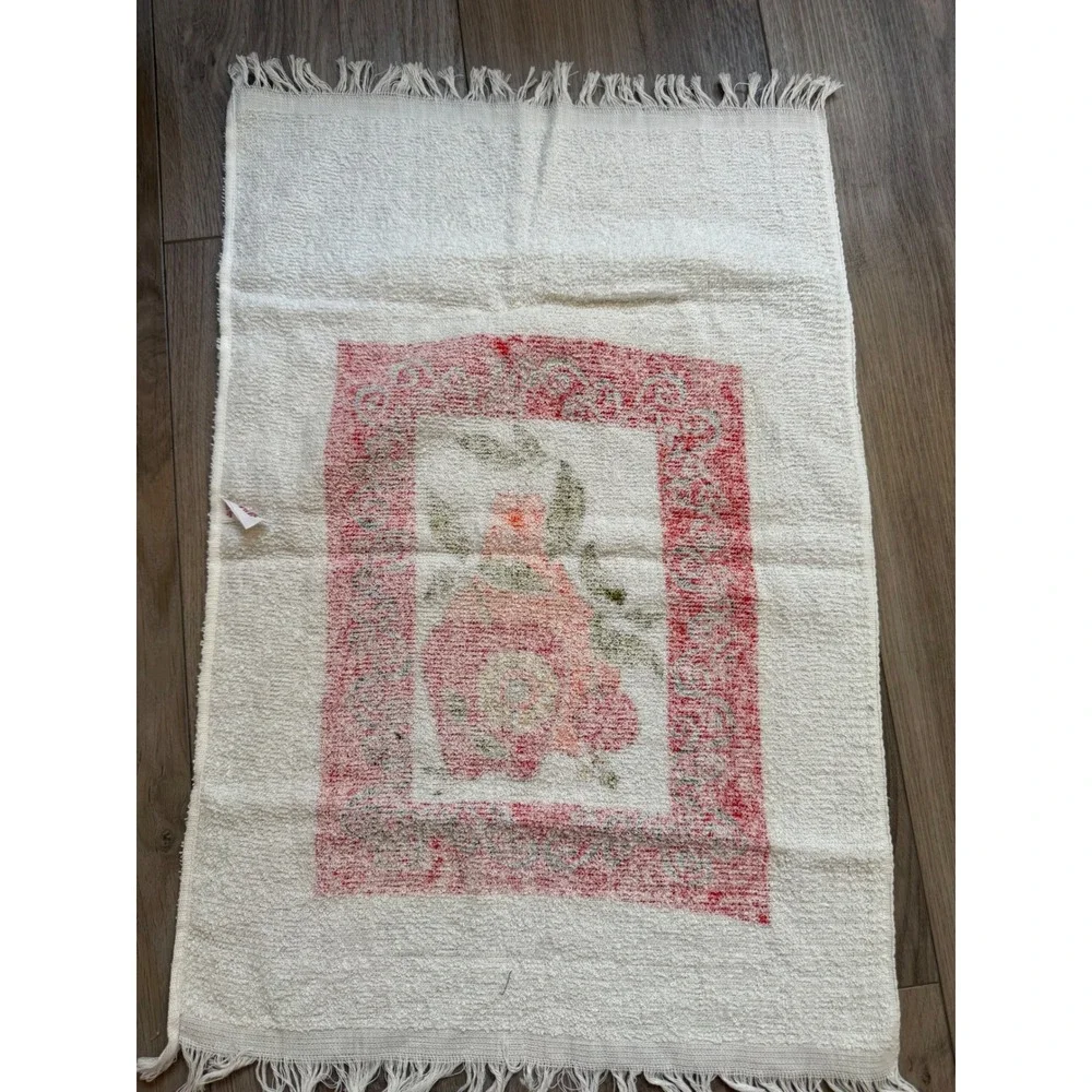 Vintage 70s Fruit Kitchen Towel Cotton Fringe Pear Apple Red White Made in USA